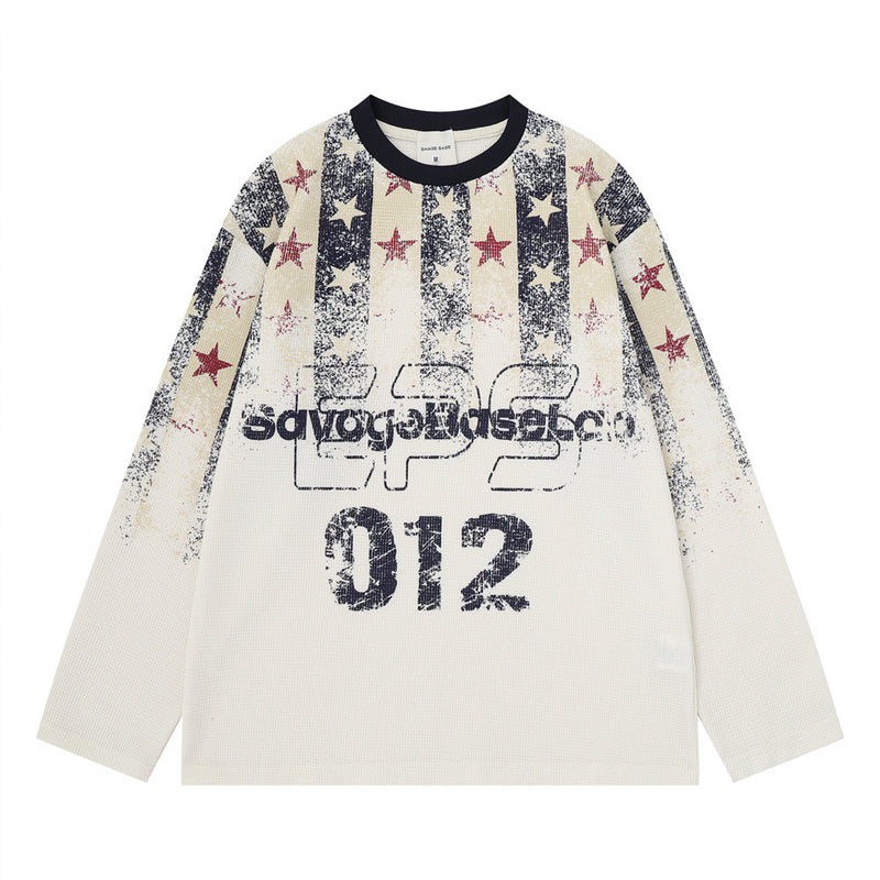Long Sleeve Waffle-Knit Graphic Tee – Distressed Star & Stripe Print, Oversized