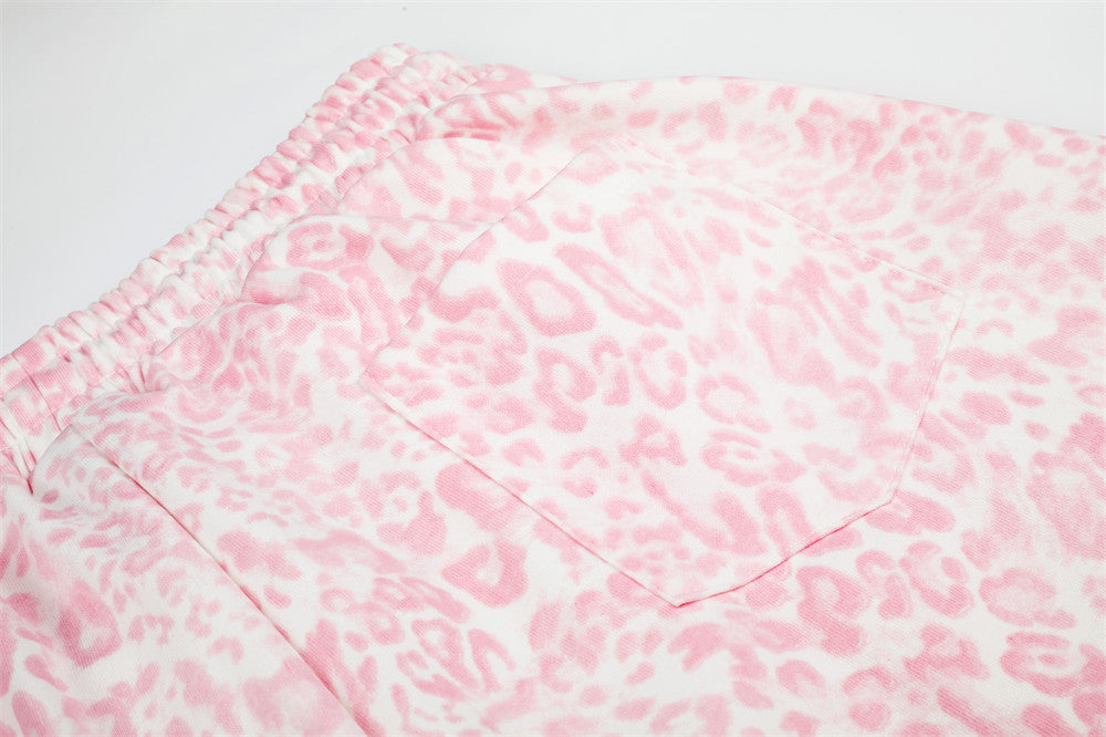 Pink Leopard Print Wide-Leg Sweatpants with Letter Embroidery
