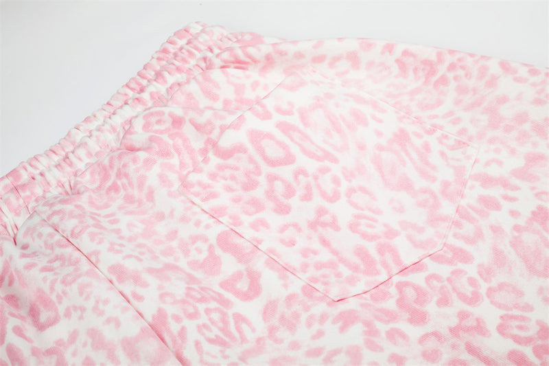 Pink Leopard Print Wide-Leg Sweatpants with Letter Embroidery