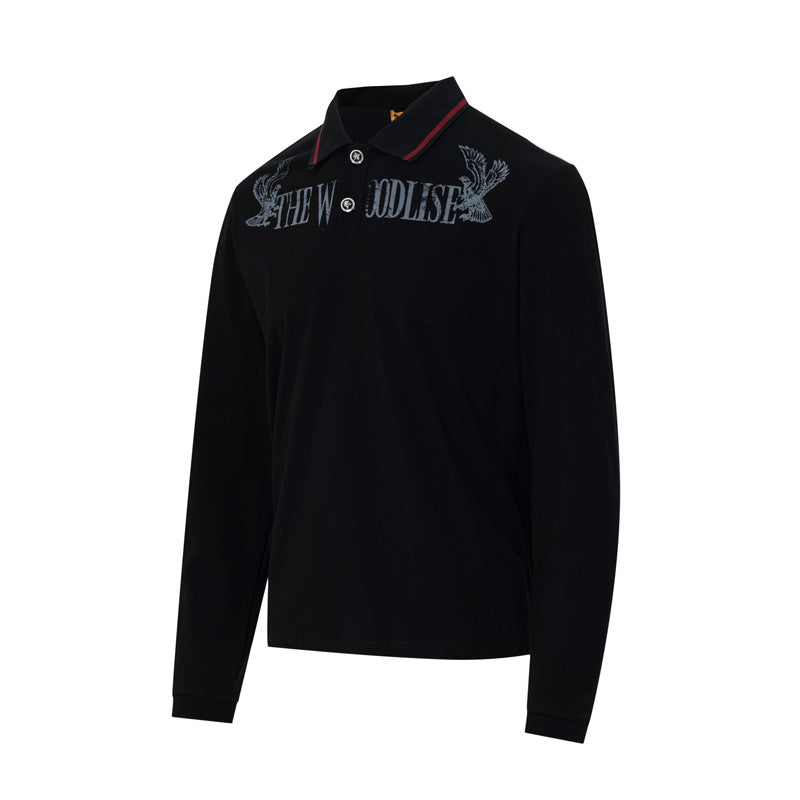 The Woodlise Langarm-Poloshirt – Adler-Grafikprint, Retro-Campus-Style