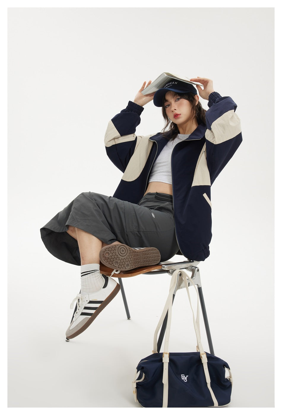 Colorblock Zip-Up Track Jacket — Oversized Retro Varsity Style