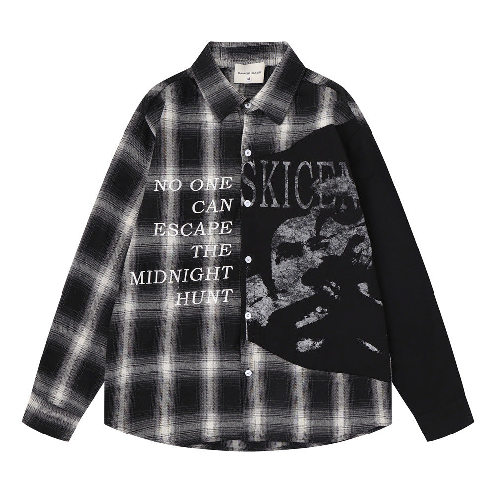 Camisa de franela de cuadros con bloques de color para hombre – Manga larga con gráfico de calavera