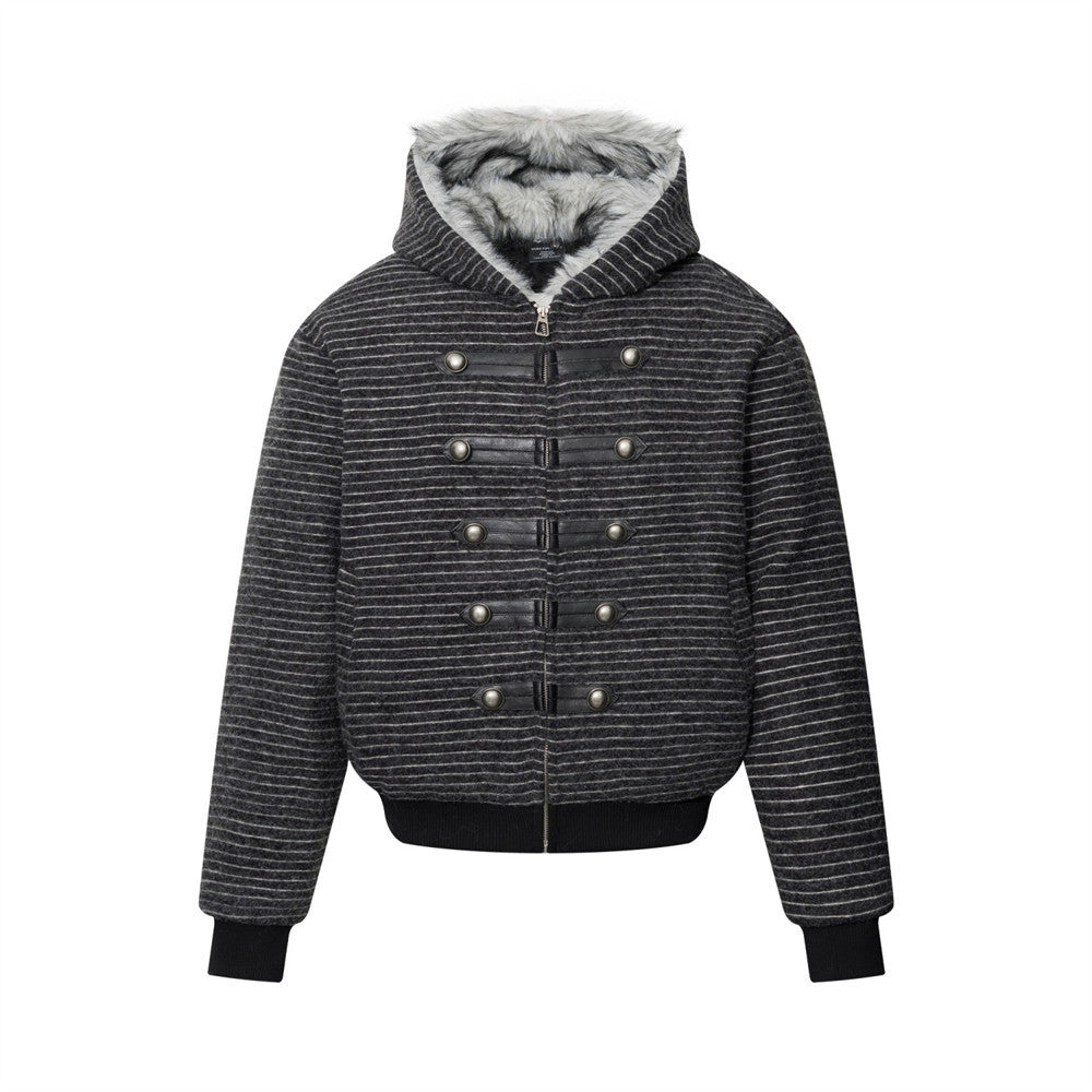 Striped Faux-Fur Hood Bomber Jacket – Double-Breasted Oversized Winter Coat