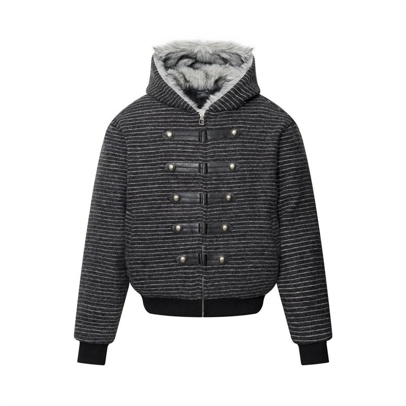 Striped Faux-Fur Hood Bomber Jacket – Double-Breasted Oversized Winter Coat