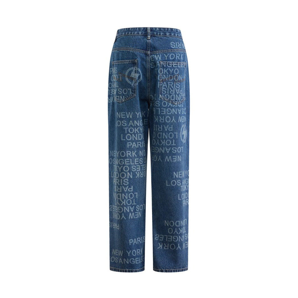 Men's Wide Straight-Leg Jeans – Allover City Names & Lightning Bolt Print