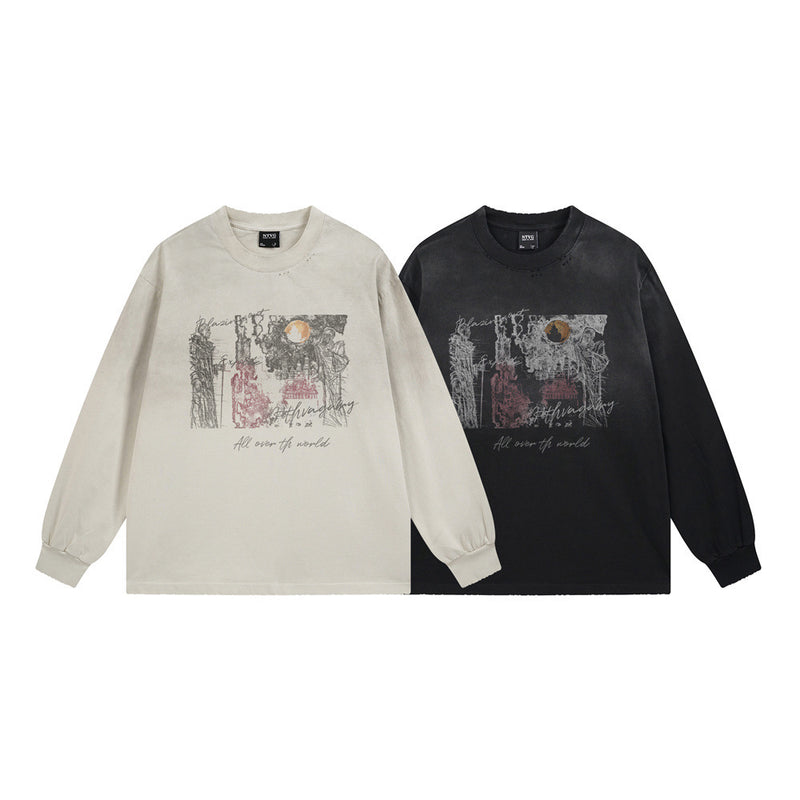 T-shirt homme manches longues graphique graffiti abstrait – Coton délavé, effet usé