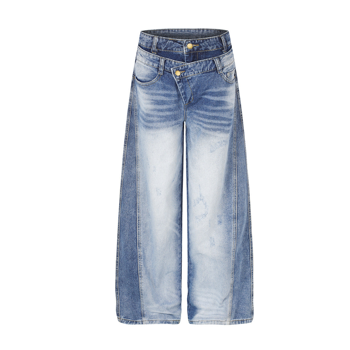 Light blue baggy wide-leg jeans with double crossover waistband and two-tone acid wash denim panels, front and back view