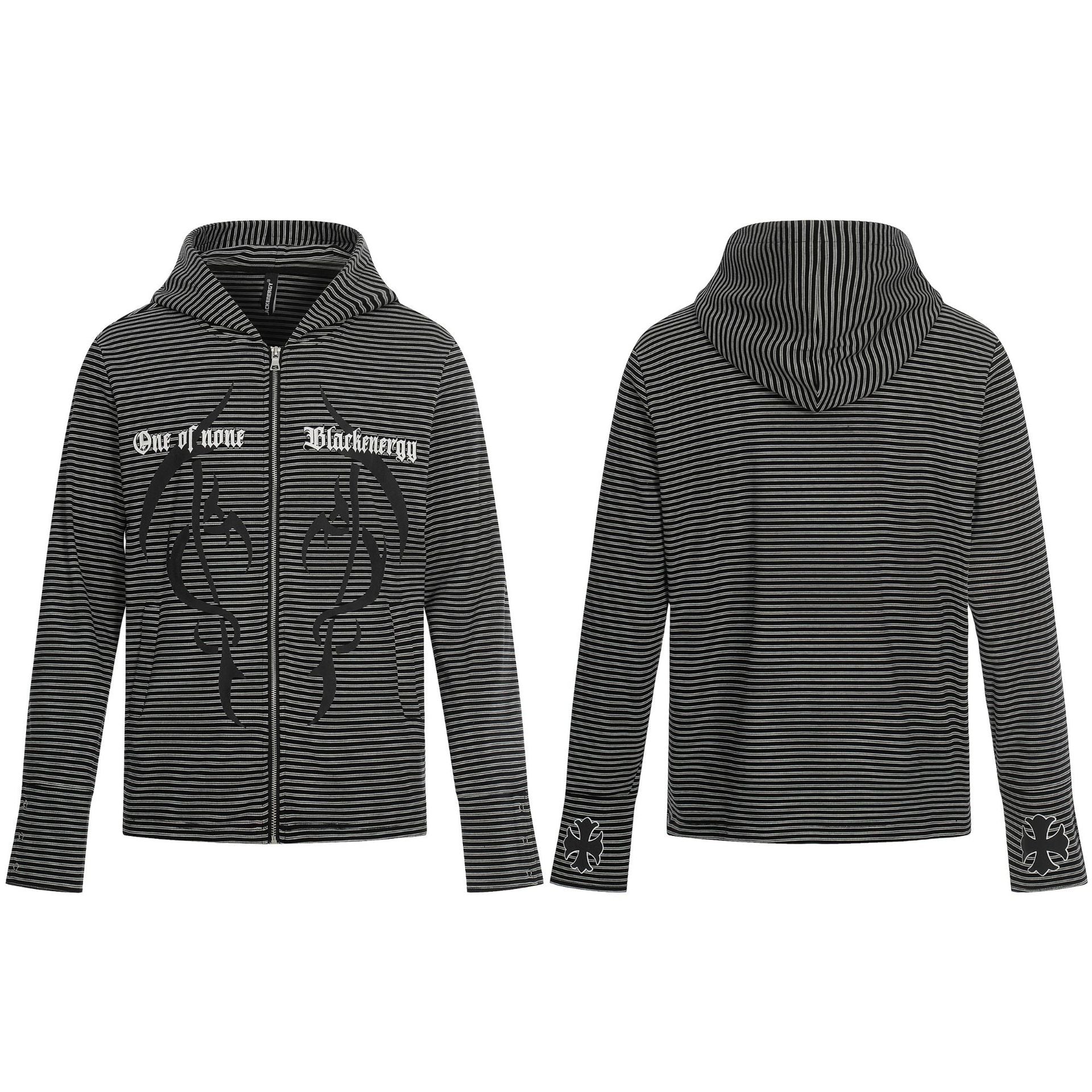 Sweat à capuche zippé noir et gris à coupe ajustée, rayé, avec imprimé gothique toile d’araignée et croix sur les pans avant