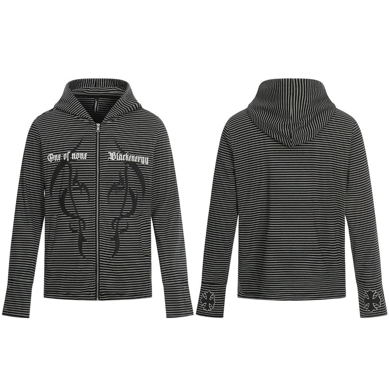 Sweat à capuche zippé noir et gris à coupe ajustée, rayé, avec imprimé gothique toile d’araignée et croix sur les pans avant