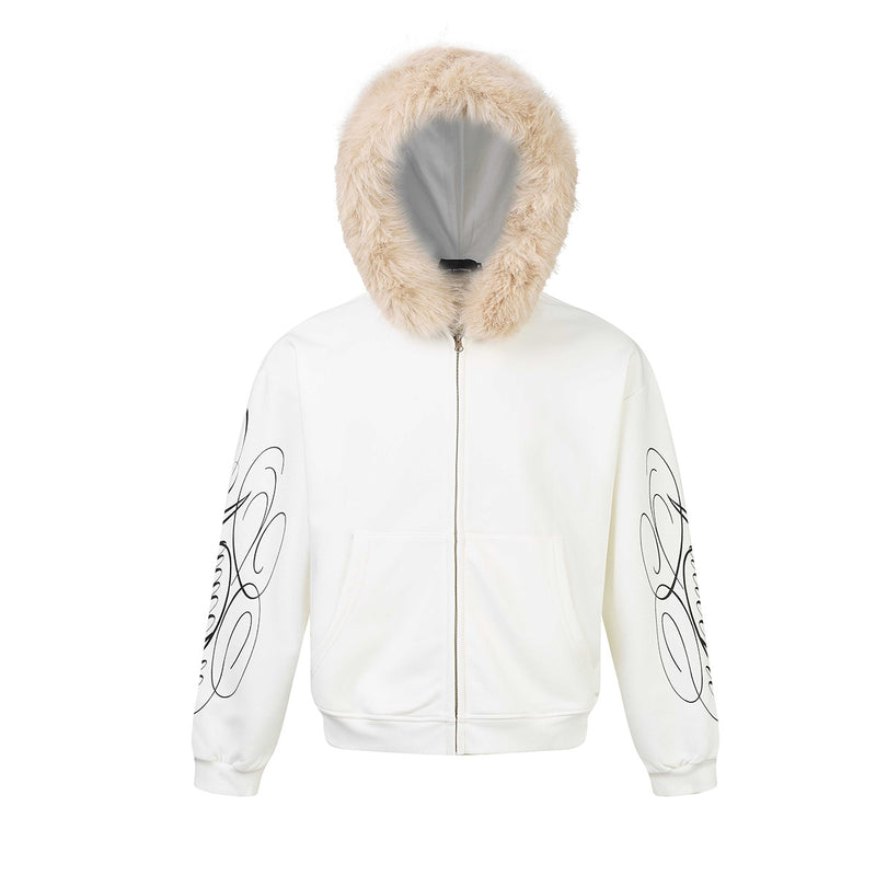 Sweat à capuche zippé avec bordure en fausse fourrure et imprimé script sur les manches