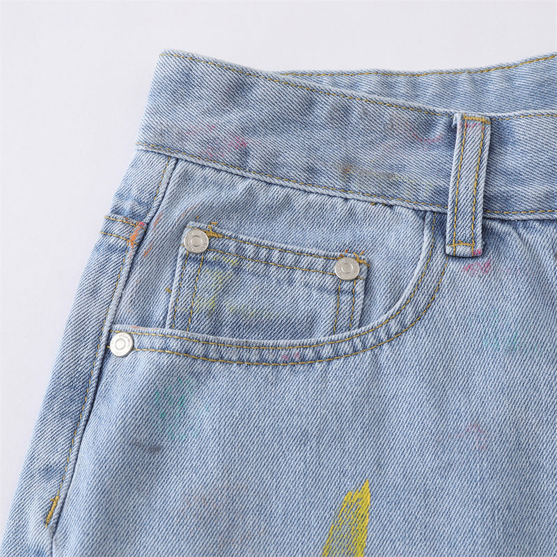 Hand-Painted Graffiti Denim Shorts – Wide-Leg Washed Jean Shorts