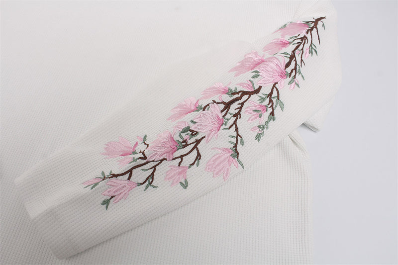 Mens Embroidered T Shirt – Floral Cherry Blossom Long Sleeve Crew Neck