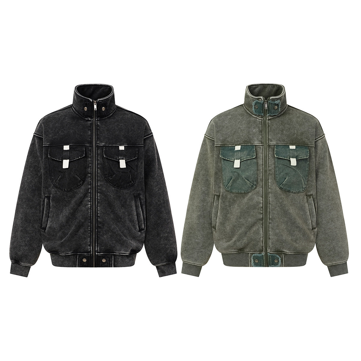 Vintage Washed Fleece-Lined Bomber Jacket – Boxy Fit Men's Zip-Up Outerwear