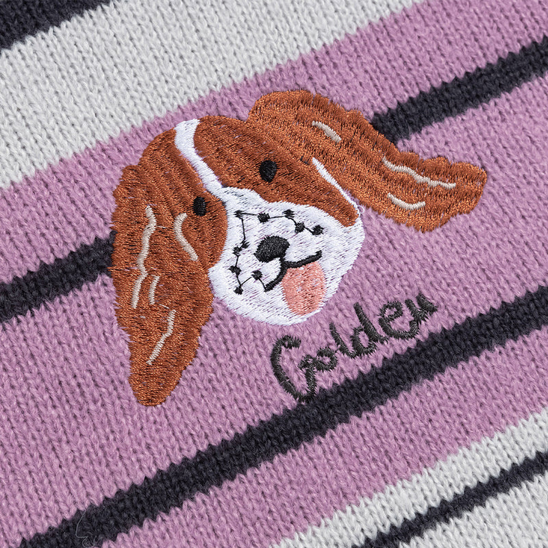 Striped V-Neck Sweater Vest with Dog Embroidery – Relaxed Fit Knit