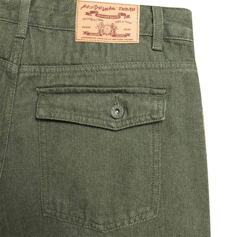 Wide-Leg Relaxed Straight Jeans – Olivgrün mit kariert gefütterten Taschen