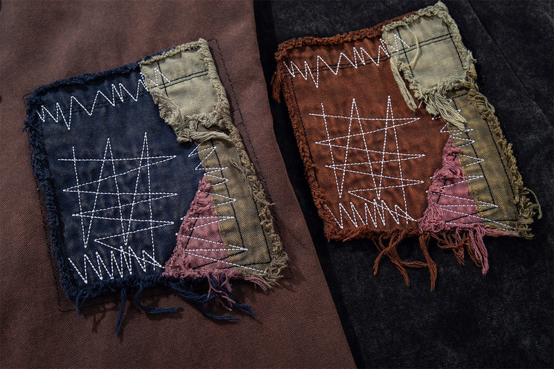 Washed Denim Shirt Jacket with Patchwork Pocket & Embroidered Collar