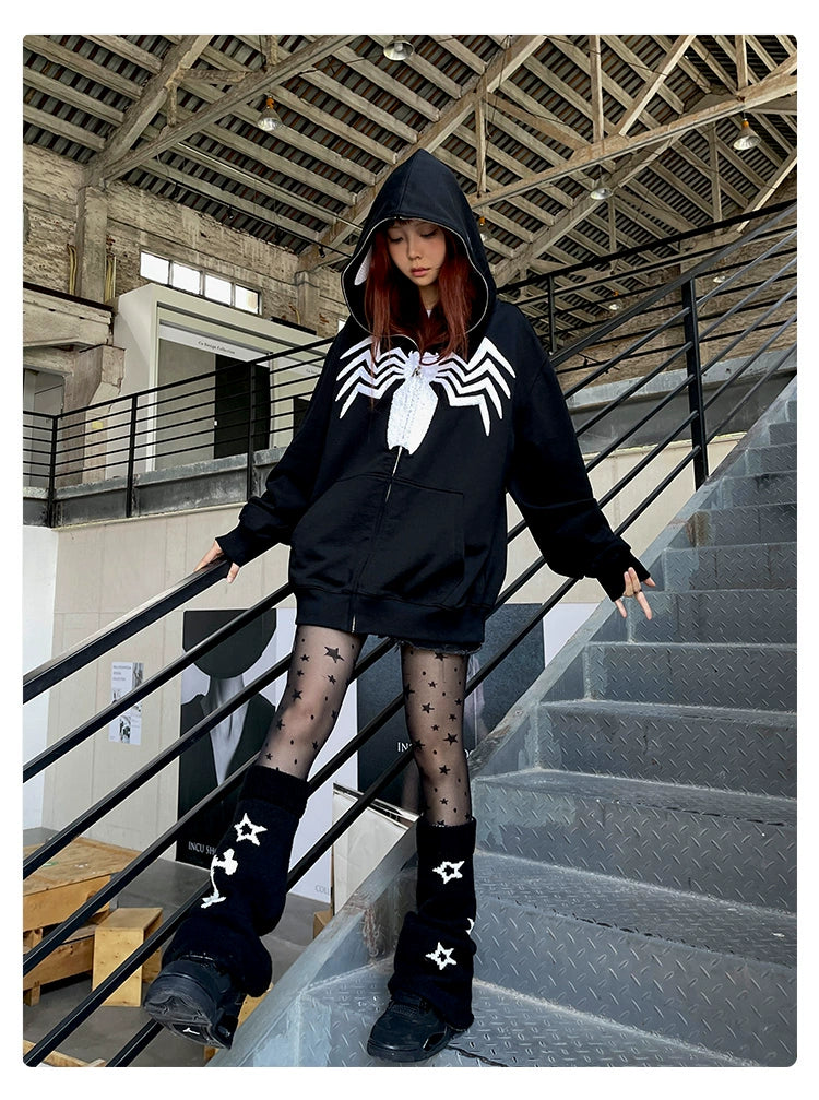 Venom Spider Hoodie - 400GSM Oversized Black and White Zip-Up Sweatshirt for Superhero Fans