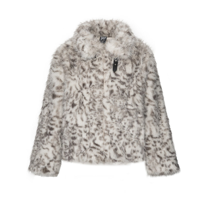 Faux Fur Leopard Print Jacket – Grey Snow Leopard Short Coat