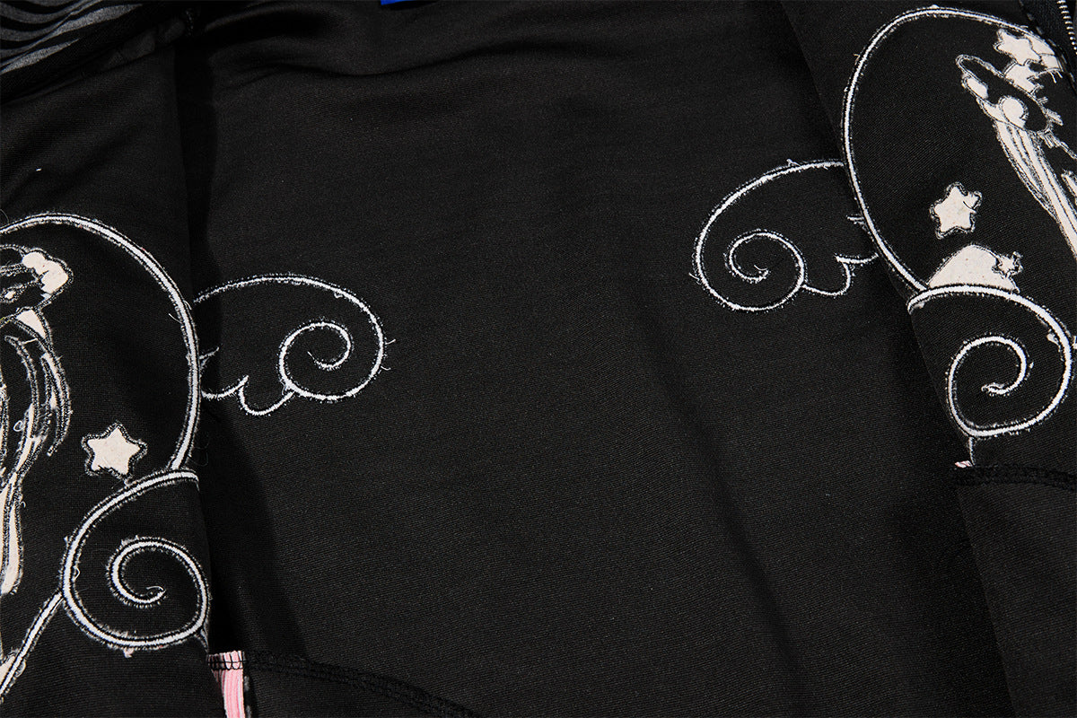 Hoodie zippé graphique Anime Angel – Rayures noires et finitions roses