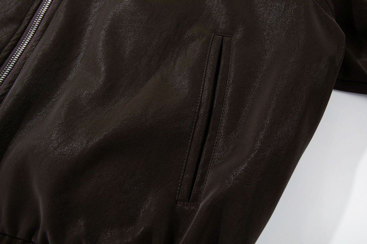 Oversized Black Leather Jacket Faux PU Bomber with High Collar