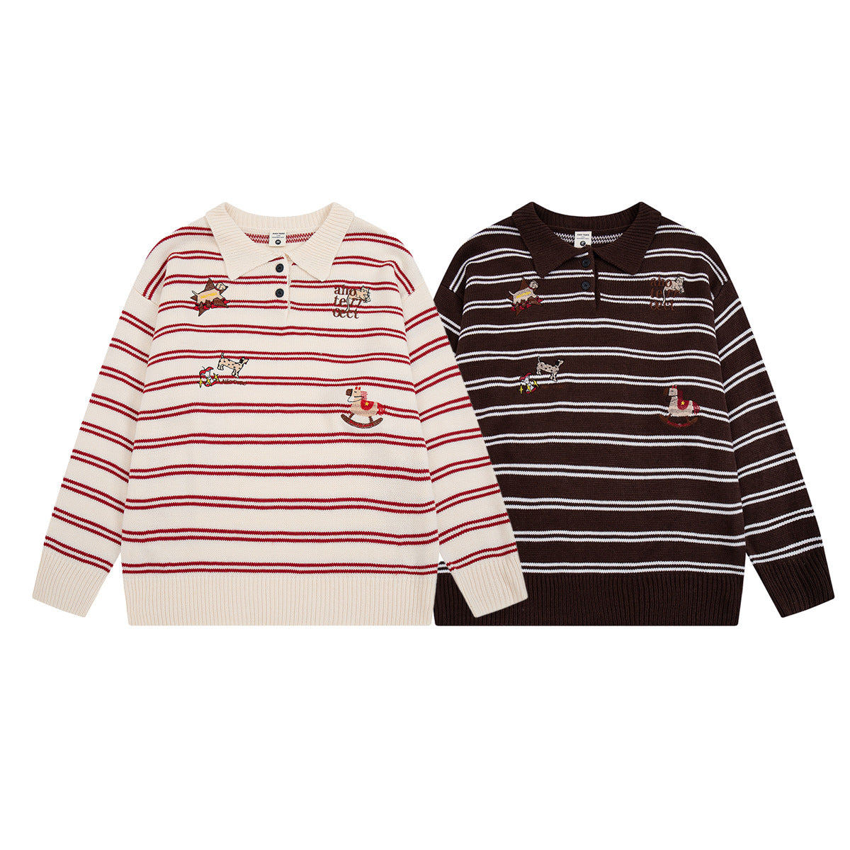 Striped Polo Knit Sweater with Cartoon Embroidery – Relaxed Unisex Pullover