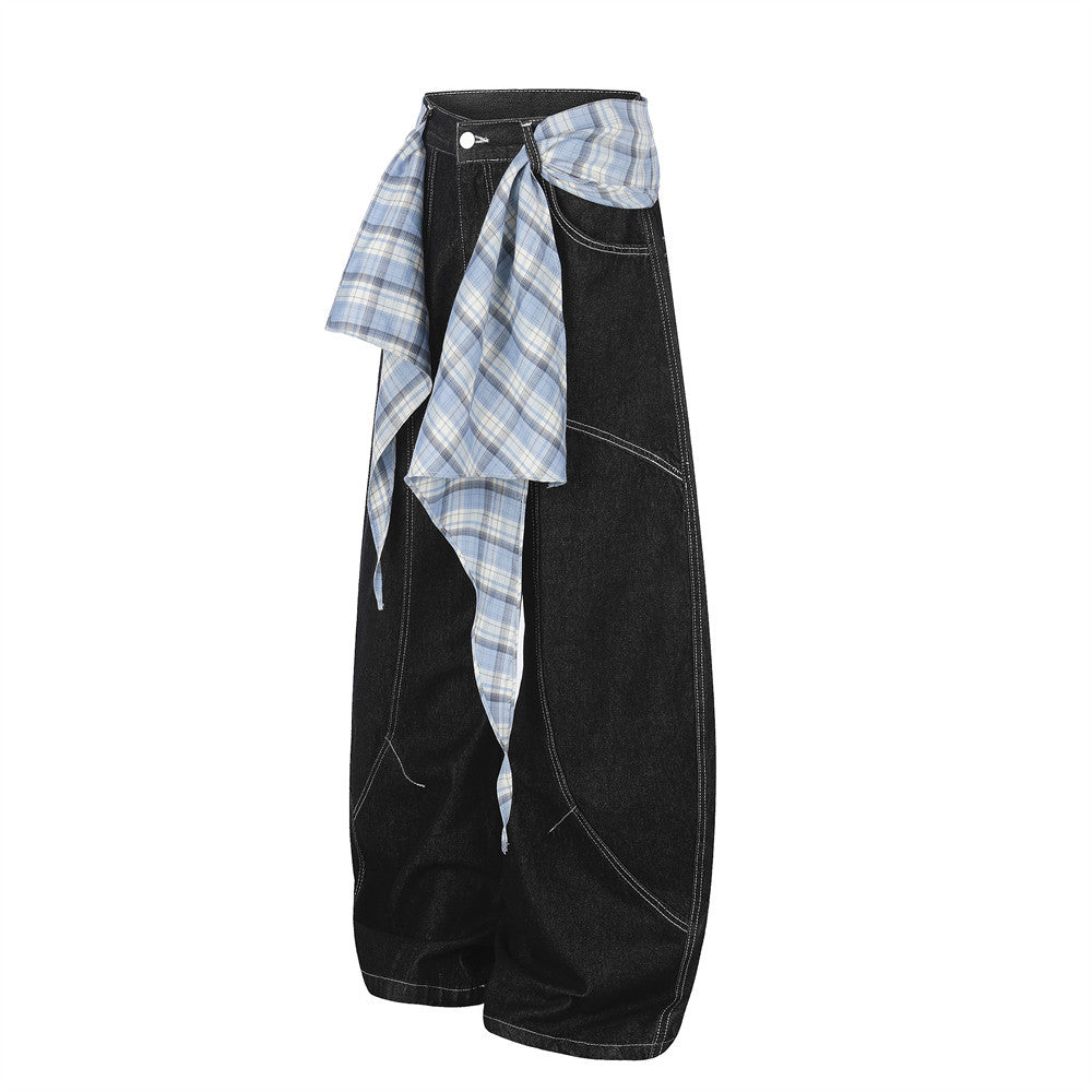 Wide Leg Black Jeans with Detachable Plaid Sash Belt