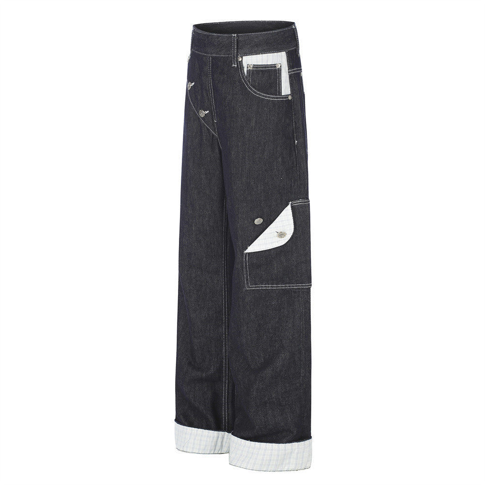 Herren Straight-Fit-Jeans – Wide-Leg-Rohdenim mit diagonalem Knopfverschluss und Karomuster