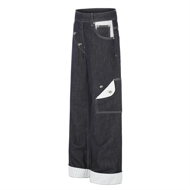 Herren Straight-Fit-Jeans – Wide-Leg-Rohdenim mit diagonalem Knopfverschluss und Karomuster
