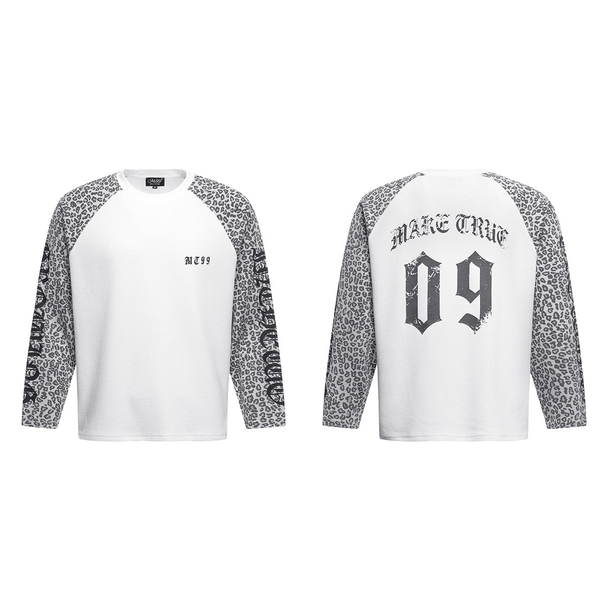 Langarm-Waffelshirt – Raglan-Rundhals mit Leopardenprint und Vintage-Grafik