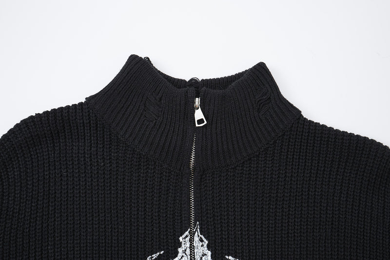 Pull zippé en maille à motif gothique – Col montant punk sombre Abyss Whisper