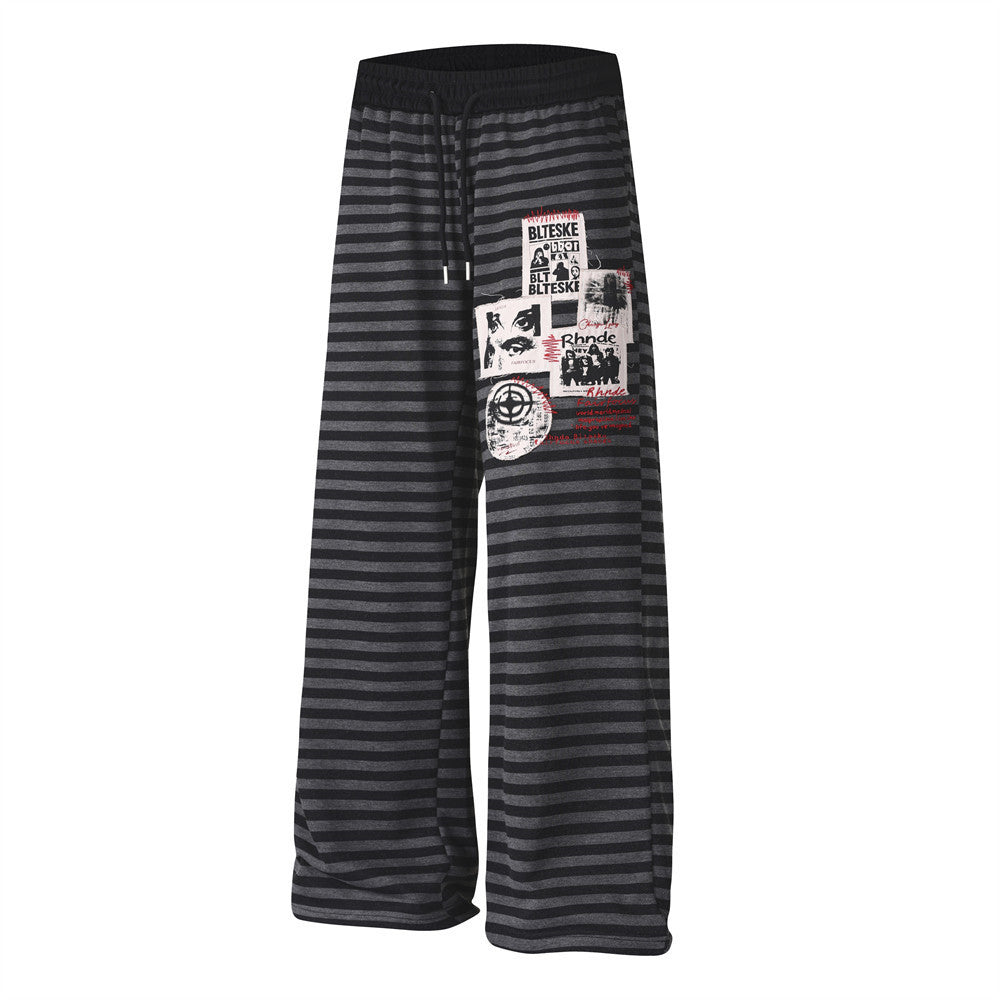 Pantalon de survêtement rayé à jambes larges – Homme, imprimé patchwork graphique punk, coupe droite décontractée