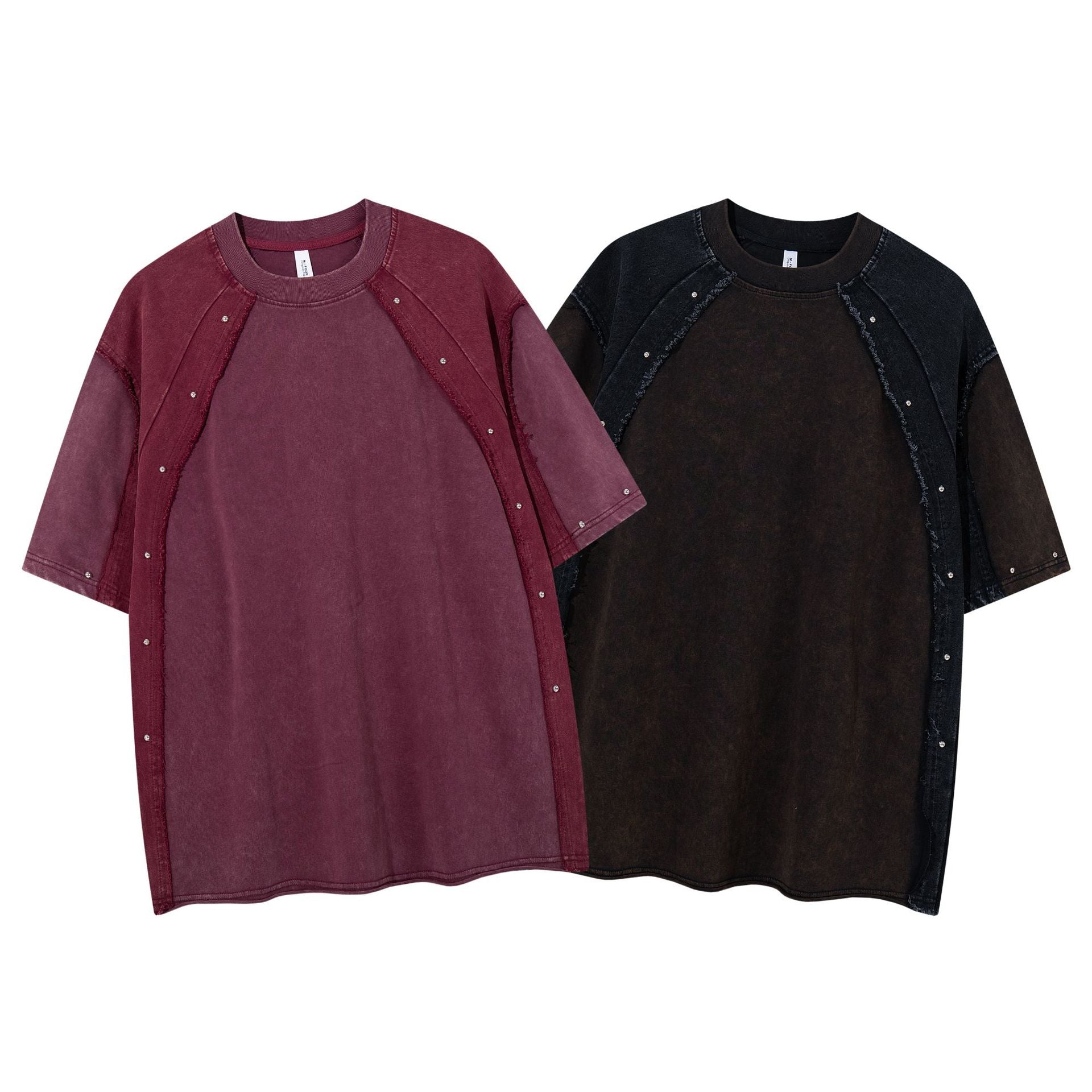 T-shirt patchwork raglan délavé à l’acide, coutures à bords bruts et détails rivetés