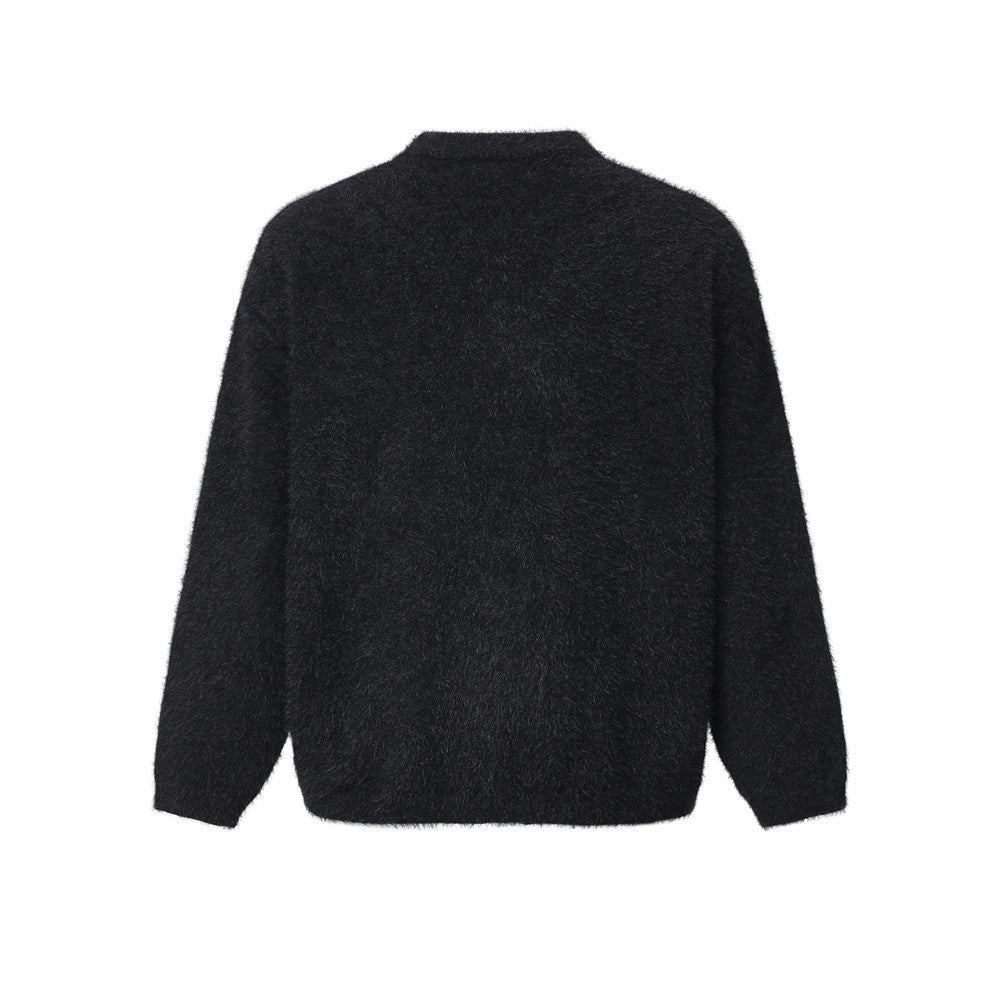 Cat Cartoon Fuzzy Knit Cardigan Sweater – Crew Neck Button-Front