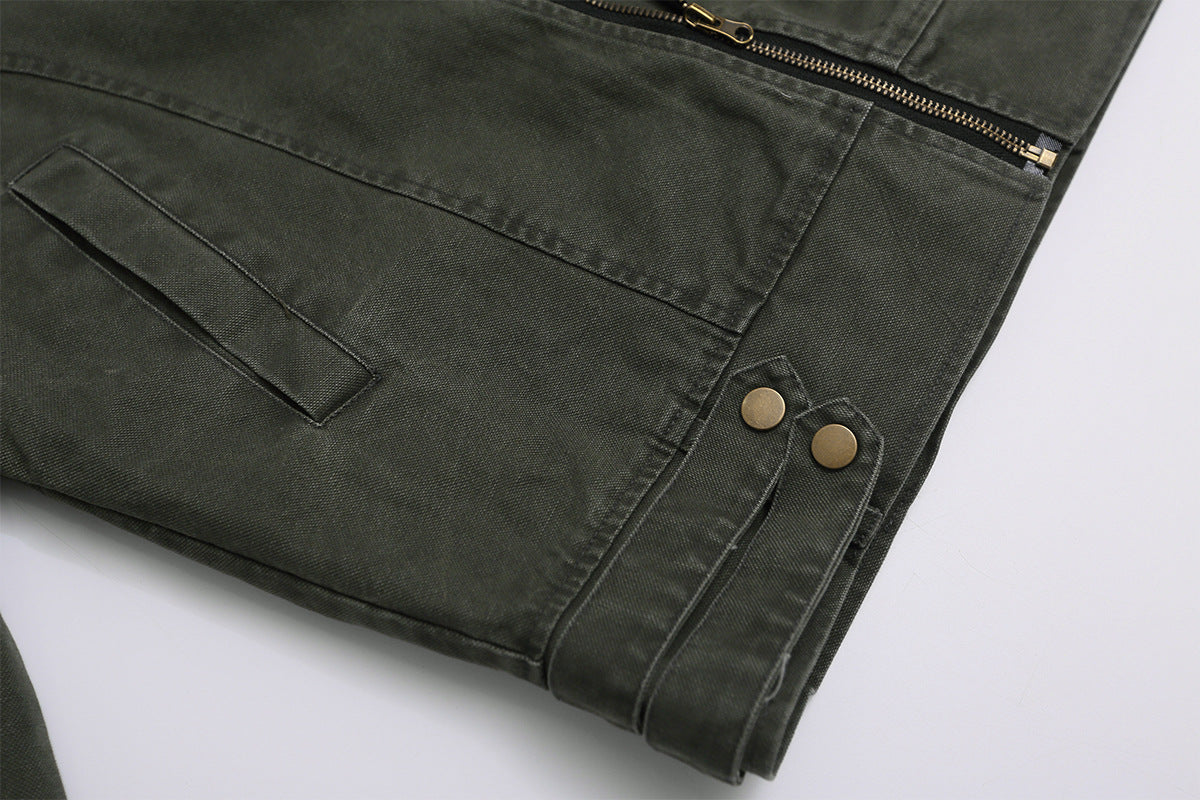 Men's Washed Asymmetric-Zip Moto Jacket with Epaulettes