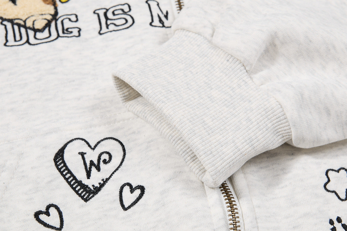 Sweat zippé bordé de fausse fourrure – Cardigan court à motif chiot brodé