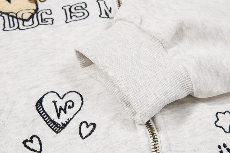 Sweat zippé bordé de fausse fourrure – Cardigan court à motif chiot brodé