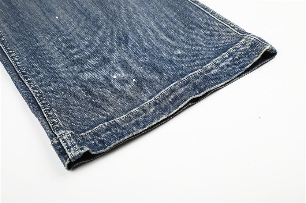 Punk Washed Distressed Flare Jeans – Men's Wide-Leg Denim with Paint Splatter &