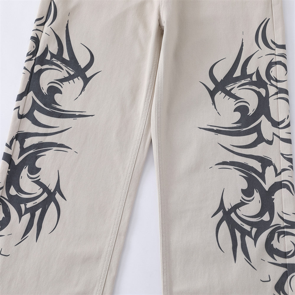 Tribal Print Wide-Leg Jeans – Men's Streetwear Straight Baggy Pants