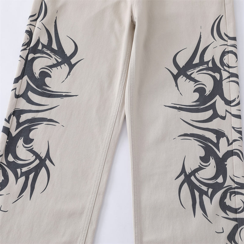 Tribal Print Wide-Leg Jeans – Men's Streetwear Straight Baggy Pants