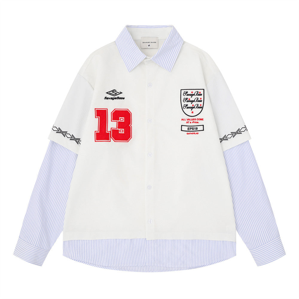 Layered Long Sleeve Shirt Men's Streetwear Faux Two-Piece Number 13 Embroidered