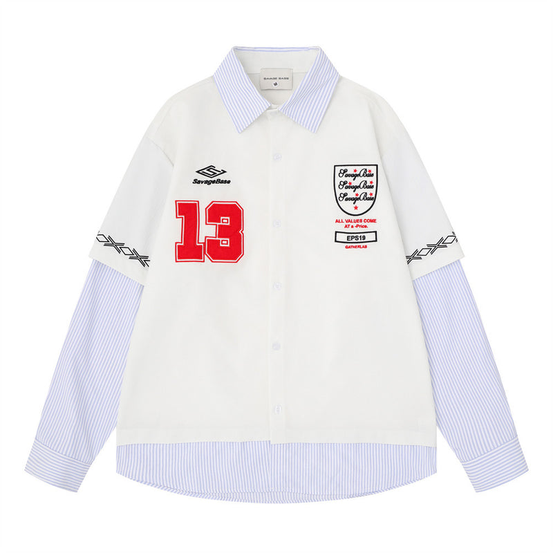 Layered Long Sleeve Shirt Men's Streetwear Faux Two-Piece Number 13 Embroidered
