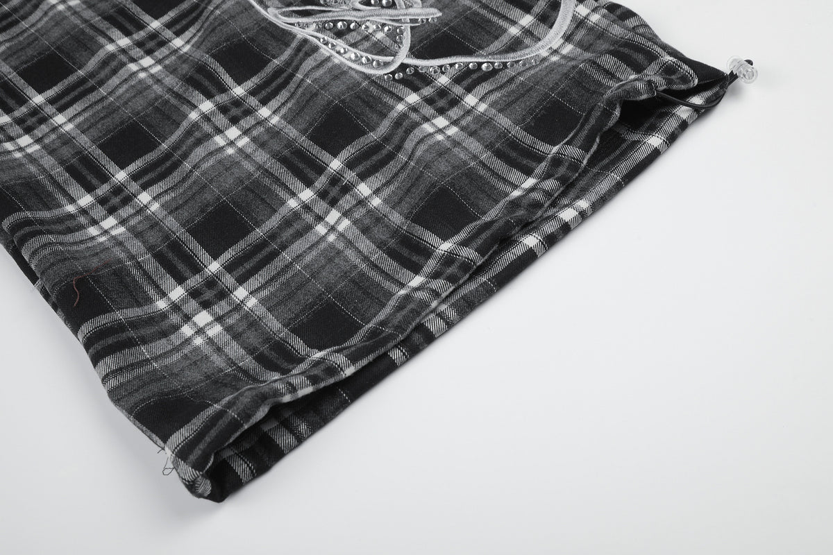 Plaid Wide-Leg Sweatpants with Drawstring Waist & Script Graphic