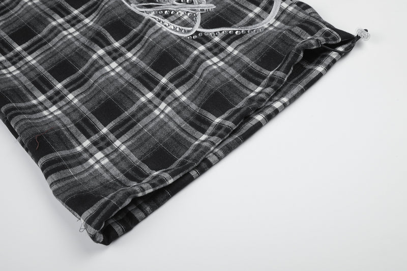 Plaid Wide-Leg Sweatpants with Drawstring Waist & Script Graphic