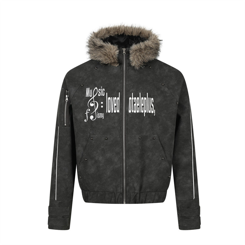 Men's black distressed PU leather hooded bomber jacket with faux fur trim and letter embroidery on chest