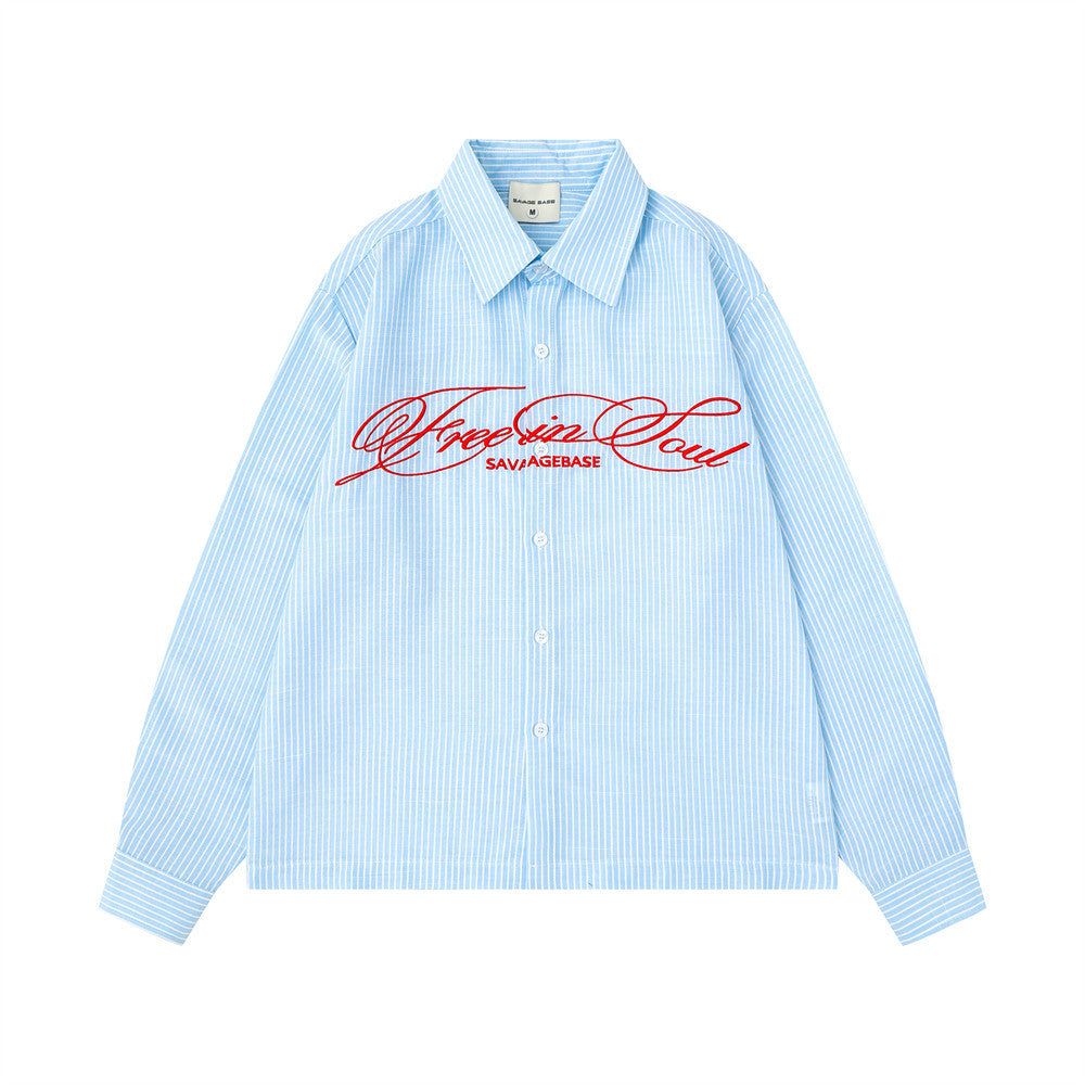Oversized striped long-sleeve shirt with red cursive Free in Soul embroidery on chest, sky blue colorway, SAVAGEBASE brand
