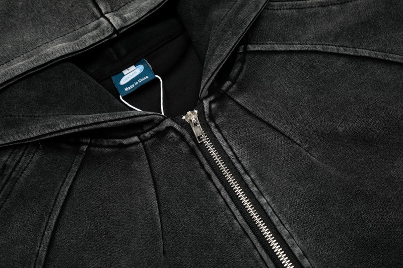 Distressed Zip Up Hoodie – Deconstructed Bomber-Style Washed Fleece Jacket