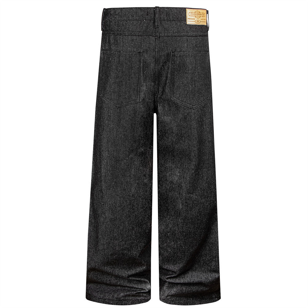 Men's Black Baggy Wide-Leg Jeans with Diagonal Button Fly