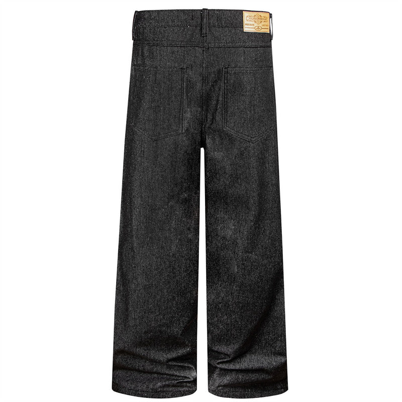 Men's Black Baggy Wide-Leg Jeans with Diagonal Button Fly