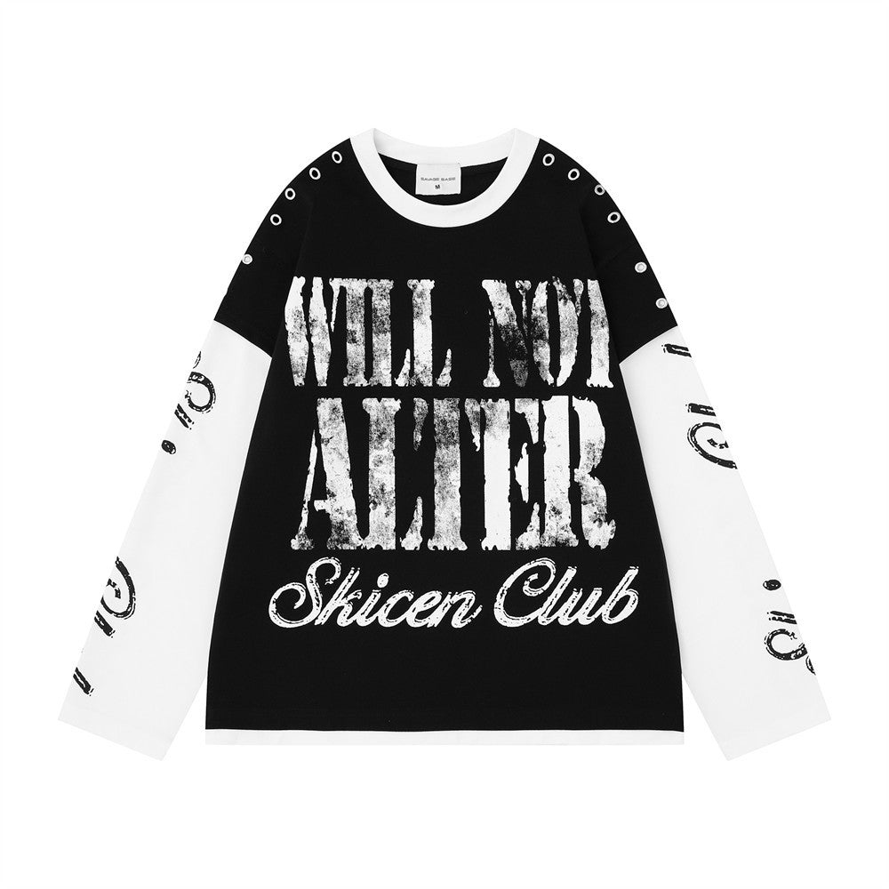 Men's black and white colorblock long sleeve graphic tee with distressed Will Not Alter Skicen Club print and metal eyelet sh