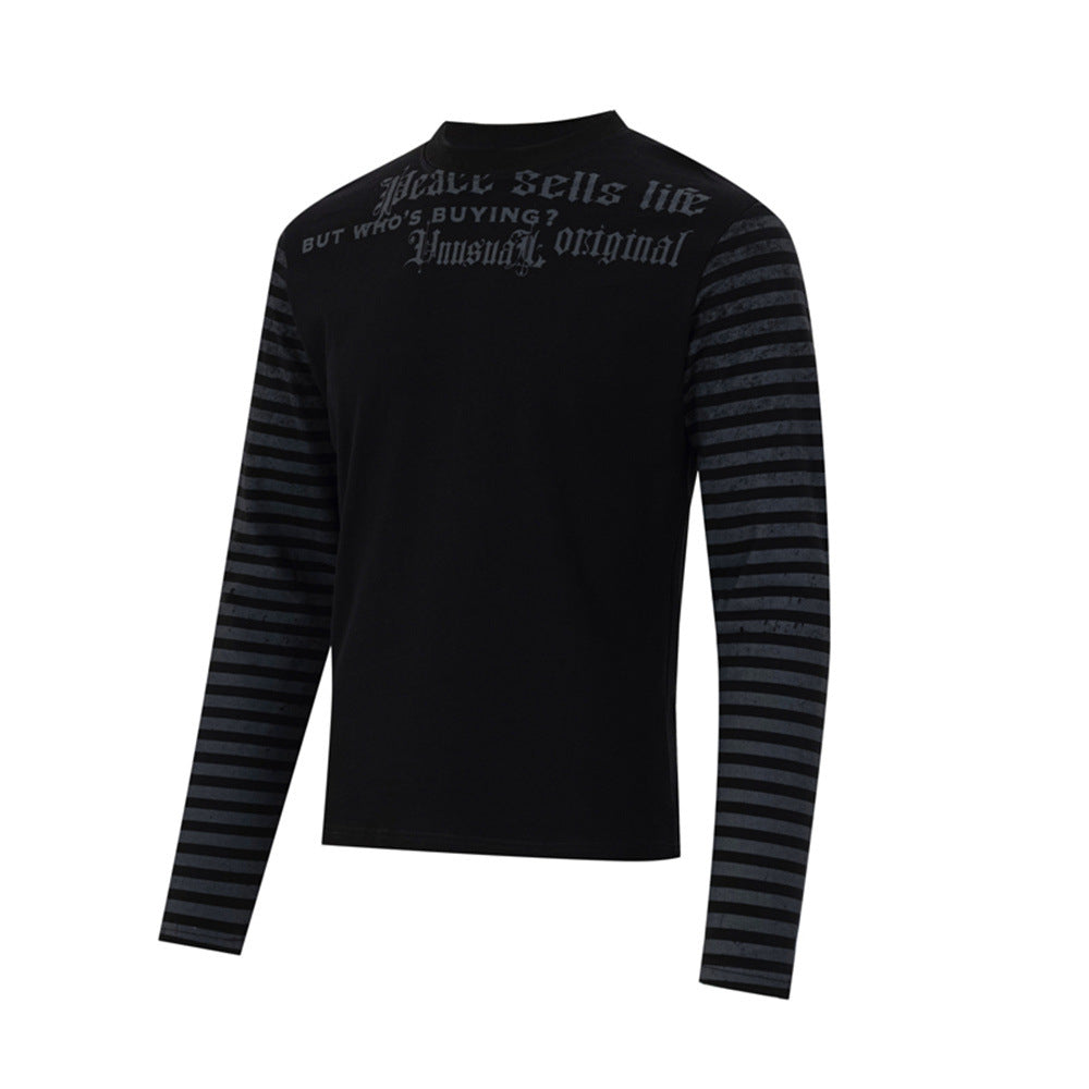 Men's Gothic Letter Print Long-Sleeve Tee with Striped Sleeve Splice